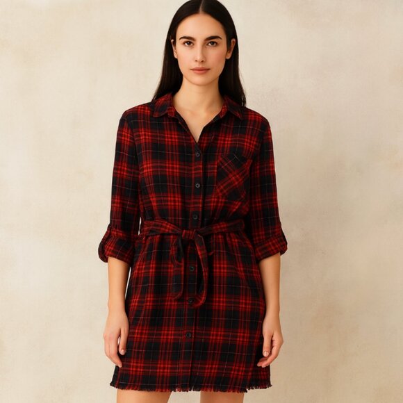 143 Story Los Angeles Plaid Tie-Waist Tunic Dress Cotton Fringe Hem, Effortless - Picture 2 of 11